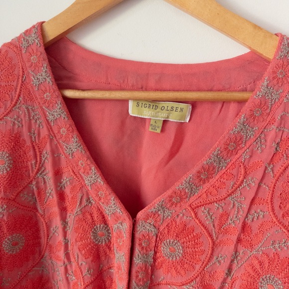 Sigrid Olsen Coral Pink Embroidered Floral Jacket Womens L Boho‎ Art to Wear - Picture 10 of 10
